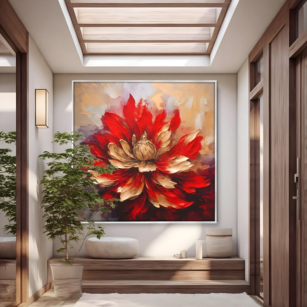 Tablou canvas cu pictura cu o floare rosie si aurie in relief, in rama de aluminiu argintiu